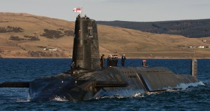 The Trident nuclear submarine HMS Victorious is pictured near Faslane in Scotland. HMS Victorious was the second of the four ballistic missile submarines to emerge from the Devonshire Dock Hall in Barrow, where she was officially 'launched' on 29 September 1993. Based at Clyde Naval Base, HMS Victorious' is continuing the Royal Navy's proud record of over 40 years of uninterrupted nuclear deterrence, as at least one of the four 'bombers' is on patrol at any time.